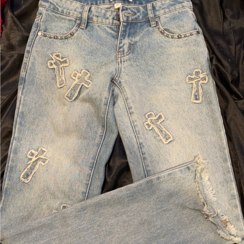Blue Straight Leg Jeans with Cross Embellishments
